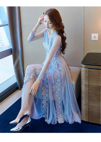 Elegant Women Lace Dress Long Length Sleeves Temperament A Line Skirt