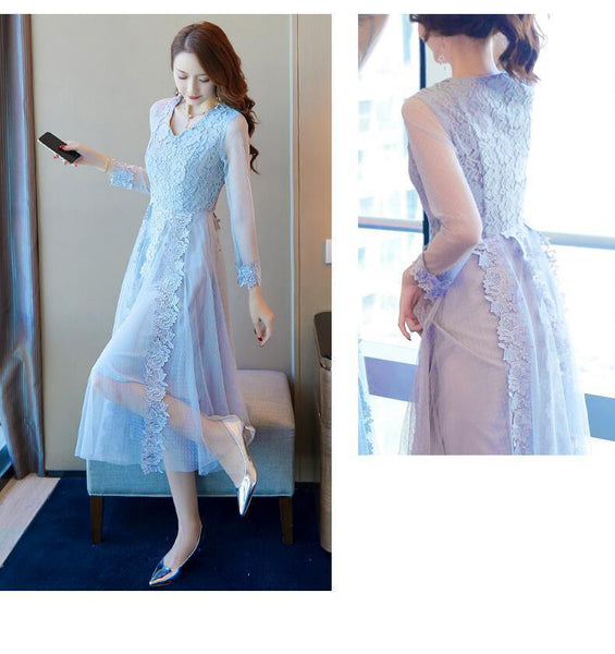 Elegant Women Lace Dress Long Length Sleeves Temperament A Line Skirt