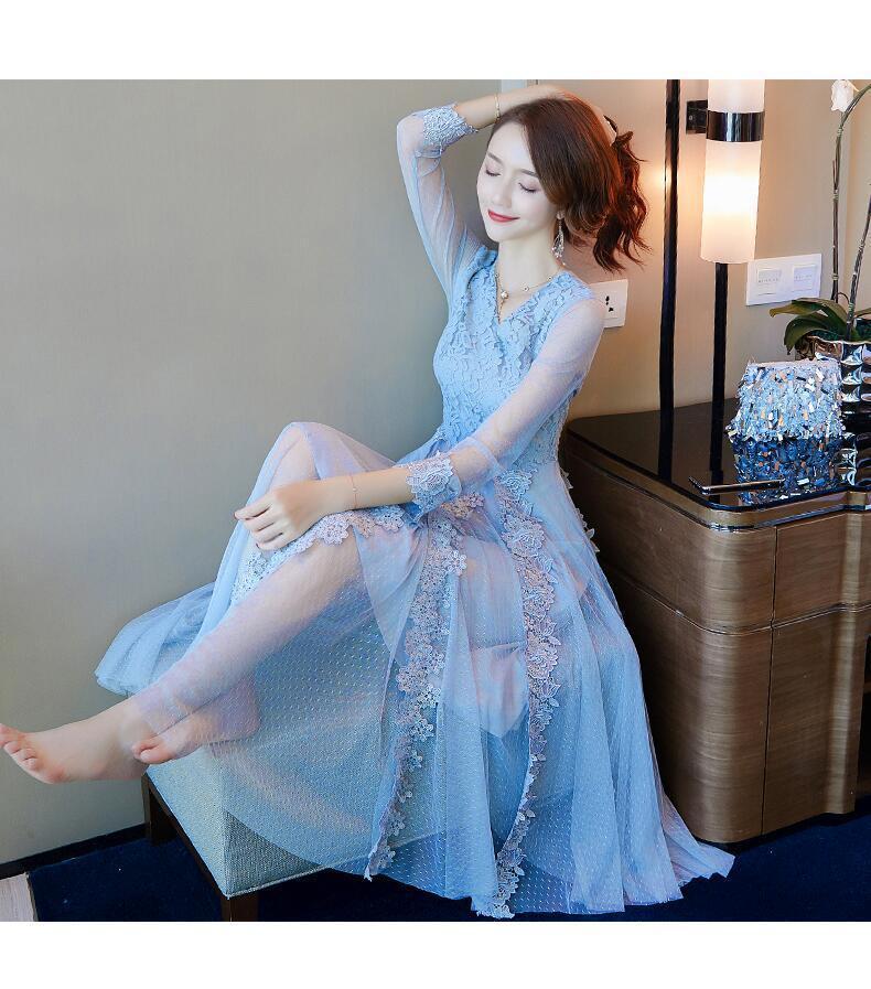 Elegant Women Lace Dress Long Length Sleeves Temperament A Line Skirt