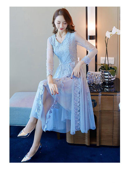 Elegant Women Lace Dress Long Length Sleeves Temperament A Line Skirt