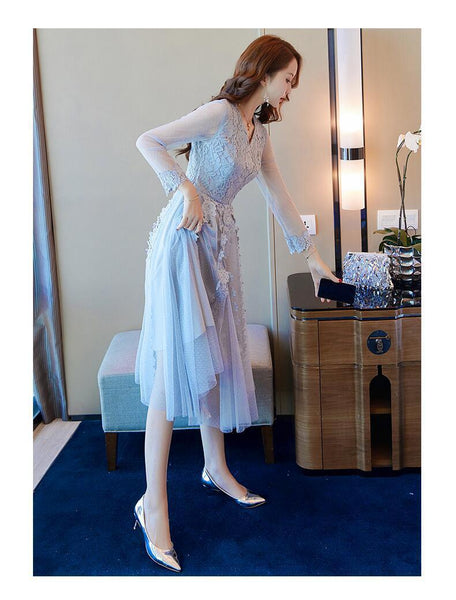 Elegant Women Lace Dress Long Length Sleeves Temperament A Line Skirt