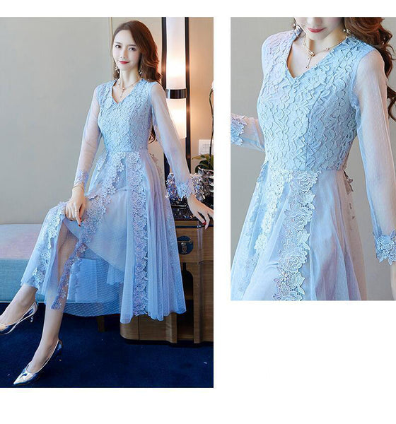 Elegant Women Lace Dress Long Length Sleeves Temperament A Line Skirt