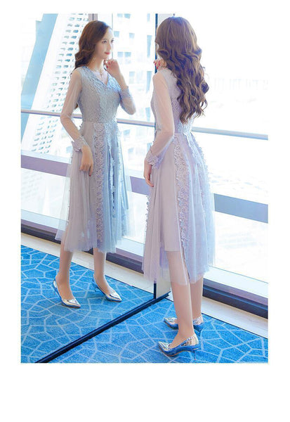 Elegant Women Lace Dress Long Length Sleeves Temperament A Line Skirt