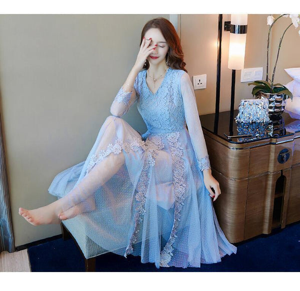 Elegant Women Lace Dress Long Length Sleeves Temperament A Line Skirt