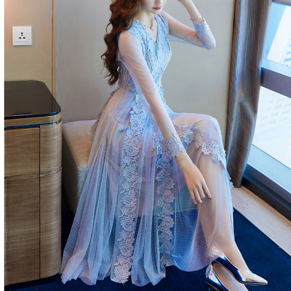 Elegant Women Lace Dress Long Length Sleeves Temperament A Line Skirt