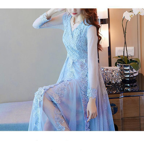 Elegant Women Lace Dress Long Length Sleeves Temperament A Line Skirt