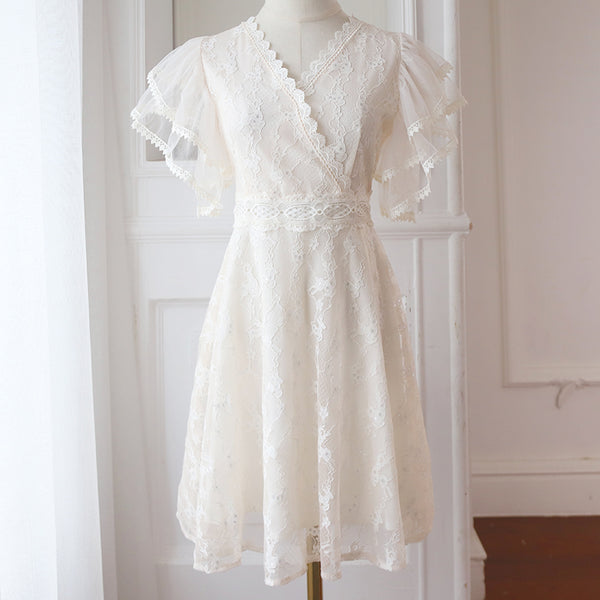 Fairy Temperament V-neck Double-layer Lotus Leaf Sleeves super Sweet Lace Skirt