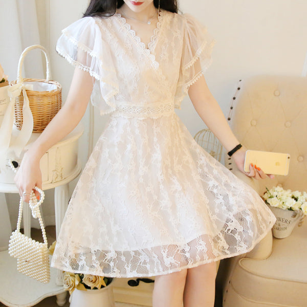Fairy Temperament V-neck Double-layer Lotus Leaf Sleeves super Sweet Lace Skirt