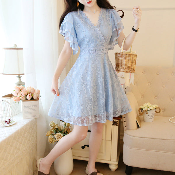 Fairy Temperament V-neck Double-layer Lotus Leaf Sleeves super Sweet Lace Skirt