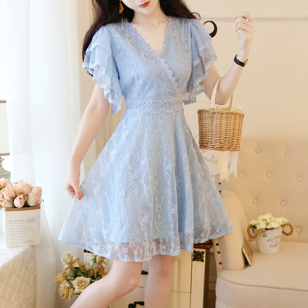 Fairy Temperament V-neck Double-layer Lotus Leaf Sleeves super Sweet Lace Skirt