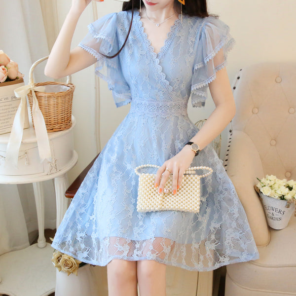 Fairy Temperament V-neck Double-layer Lotus Leaf Sleeves super Sweet Lace Skirt