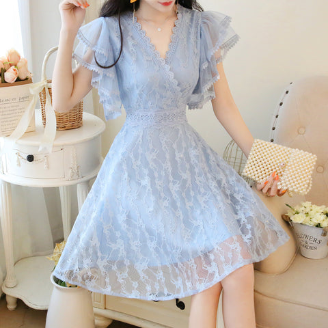 Fairy Temperament V-neck Double-layer Lotus Leaf Sleeves super Sweet Lace Skirt
