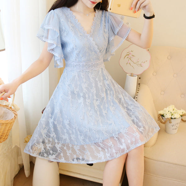 Fairy Temperament V-neck Double-layer Lotus Leaf Sleeves super Sweet Lace Skirt