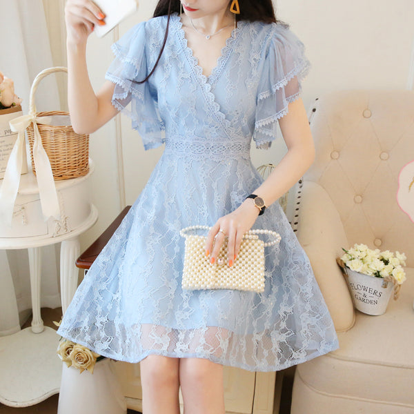 Fairy Temperament V-neck Double-layer Lotus Leaf Sleeves super Sweet Lace Skirt