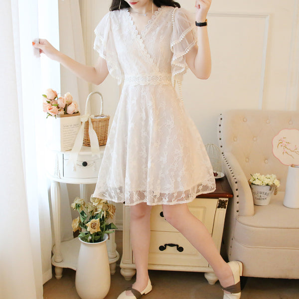 Fairy Temperament V-neck Double-layer Lotus Leaf Sleeves super Sweet Lace Skirt