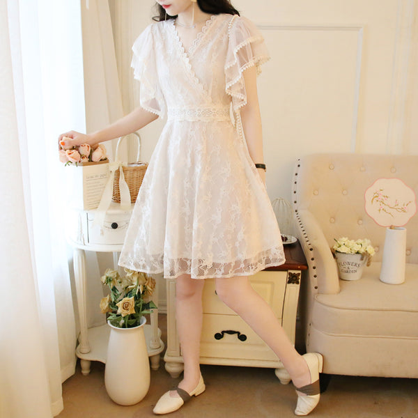 Fairy Temperament V-neck Double-layer Lotus Leaf Sleeves super Sweet Lace Skirt
