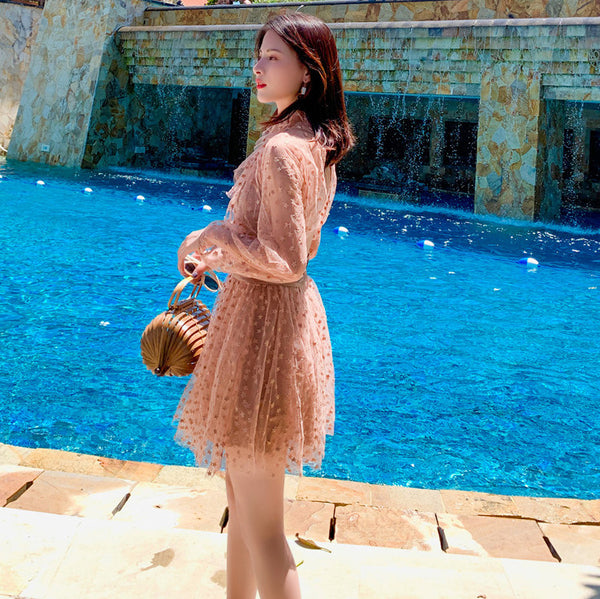 Seaside Holiday Embroidery Star Printed Backless Hollow Nude Blouse Beach Skirt Dress