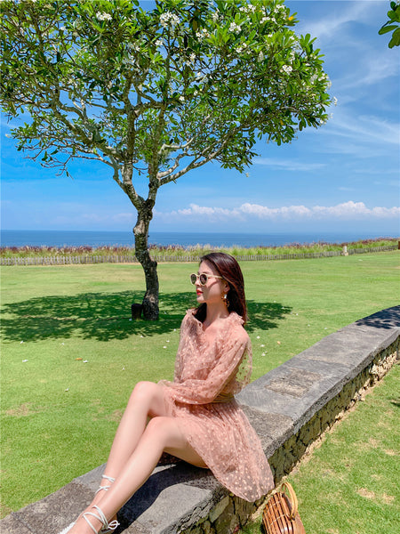 Seaside Holiday Embroidery Star Printed Backless Hollow Nude Blouse Beach Skirt Dress