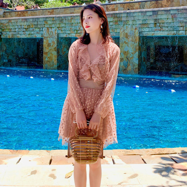 Seaside Holiday Embroidery Star Printed Backless Hollow Nude Blouse Beach Skirt Dress