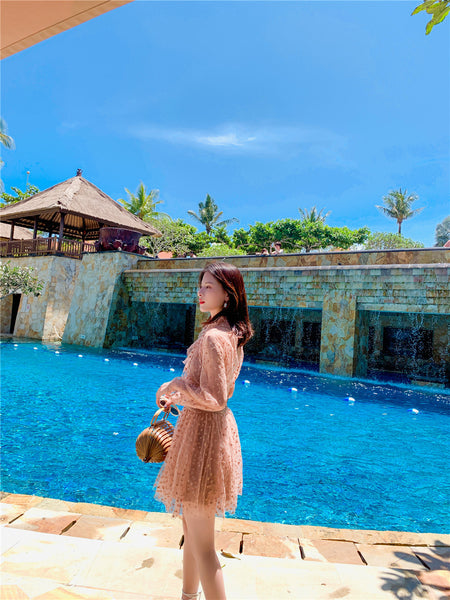 Seaside Holiday Embroidery Star Printed Backless Hollow Nude Blouse Beach Skirt Dress