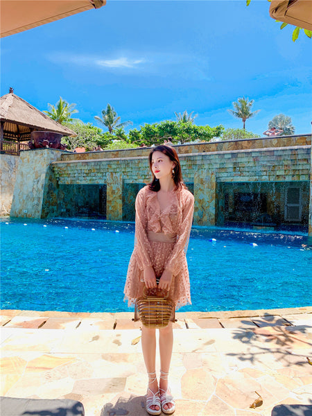 Seaside Holiday Embroidery Star Printed Backless Hollow Nude Blouse Beach Skirt Dress