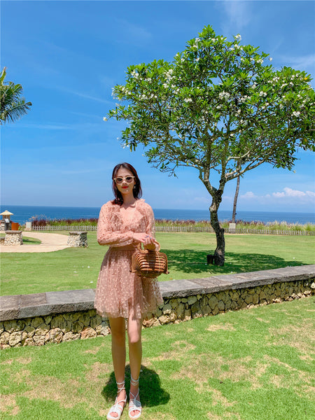 Seaside Holiday Embroidery Star Printed Backless Hollow Nude Blouse Beach Skirt Dress