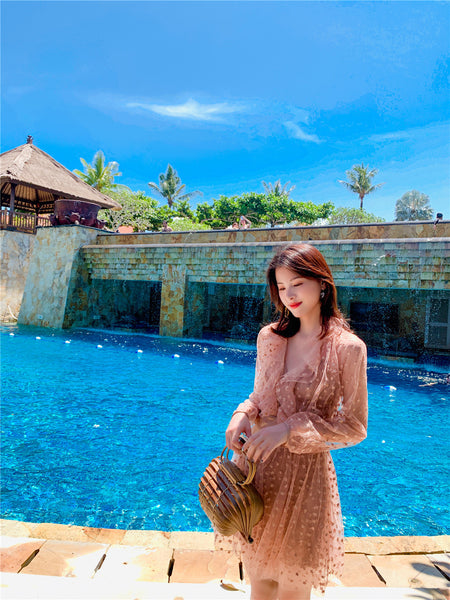 Seaside Holiday Embroidery Star Printed Backless Hollow Nude Blouse Beach Skirt Dress