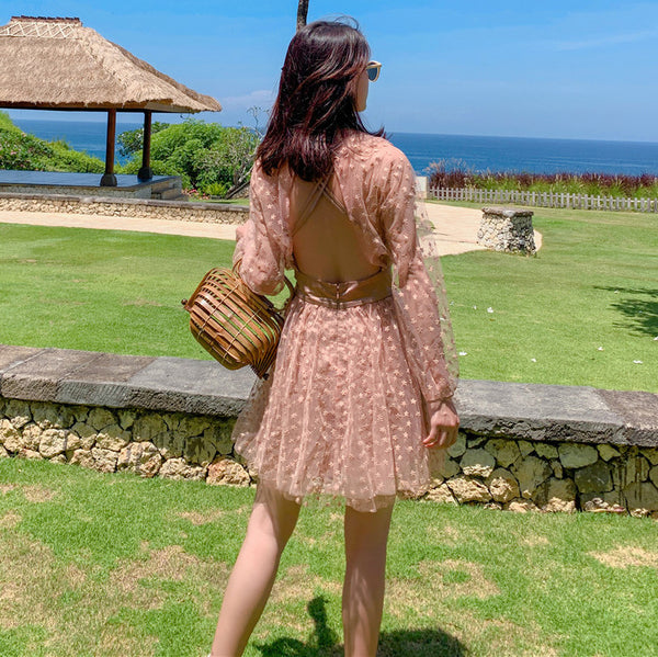Seaside Holiday Embroidery Star Printed Backless Hollow Nude Blouse Beach Skirt Dress