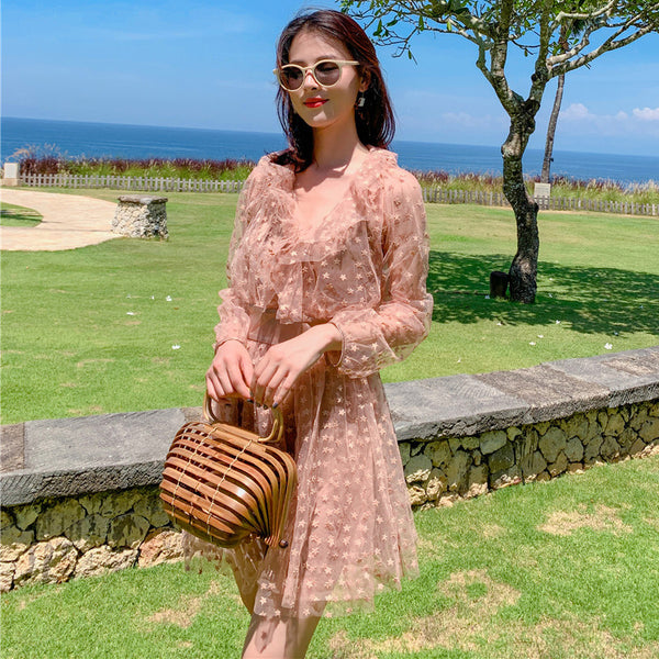 Seaside Holiday Embroidery Star Printed Backless Hollow Nude Blouse Beach Skirt Dress