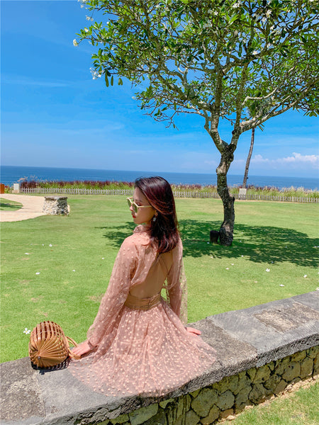 Seaside Holiday Embroidery Star Printed Backless Hollow Nude Blouse Beach Skirt Dress