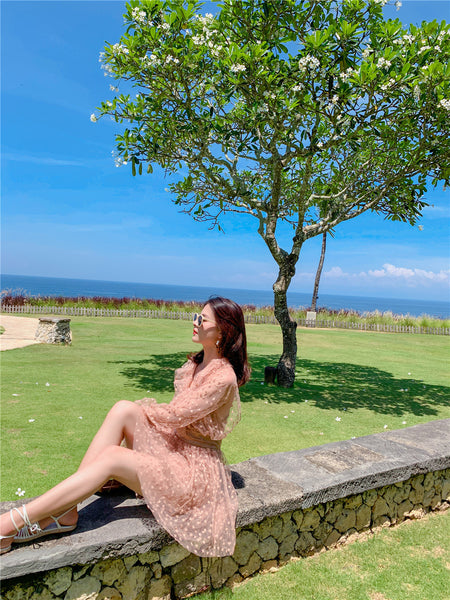 Seaside Holiday Embroidery Star Printed Backless Hollow Nude Blouse Beach Skirt Dress