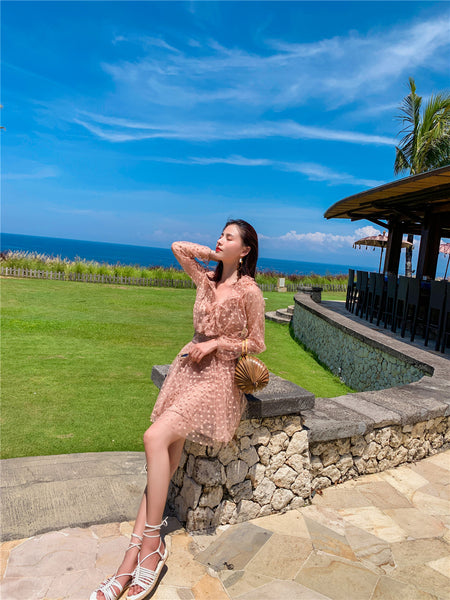 Seaside Holiday Embroidery Star Printed Backless Hollow Nude Blouse Beach Skirt Dress