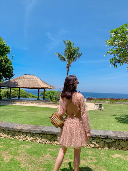 Seaside Holiday Embroidery Star Printed Backless Hollow Nude Blouse Beach Skirt Dress