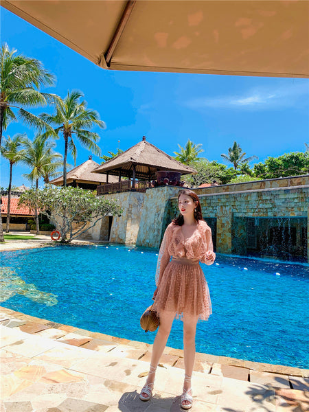 Seaside Holiday Embroidery Star Printed Backless Hollow Nude Blouse Beach Skirt Dress