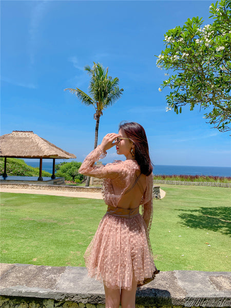 Seaside Holiday Embroidery Star Printed Backless Hollow Nude Blouse Beach Skirt Dress