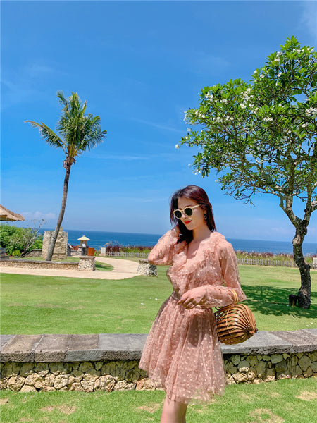 Seaside Holiday Embroidery Star Printed Backless Hollow Nude Blouse Beach Skirt Dress