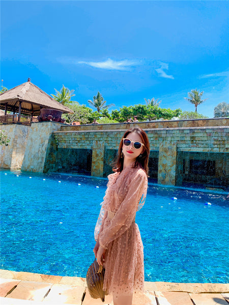 Seaside Holiday Embroidery Star Printed Backless Hollow Nude Blouse Beach Skirt Dress