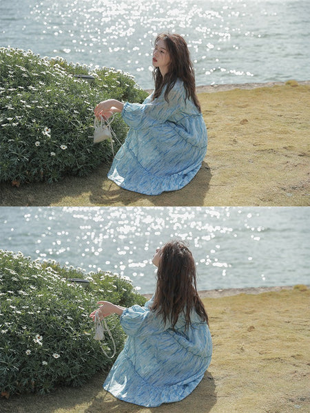 Retro High Quality Temperament V-neck Ink Pattern Floral Long Cake Dress