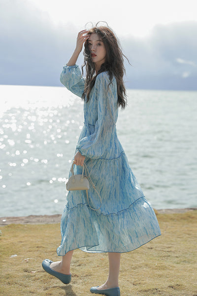 Retro High Quality Temperament V-neck Ink Pattern Floral Long Cake Dress