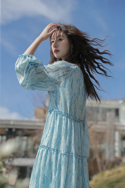 Retro High Quality Temperament V-neck Ink Pattern Floral Long Cake Dress