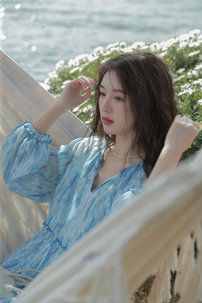 Retro High Quality Temperament V-neck Ink Pattern Floral Long Cake Dress