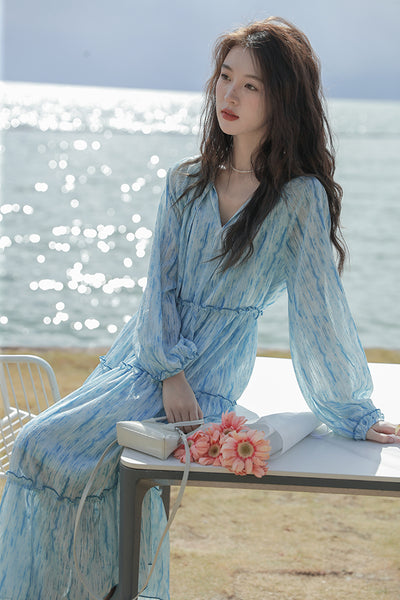 Retro High Quality Temperament V-neck Ink Pattern Floral Long Cake Dress