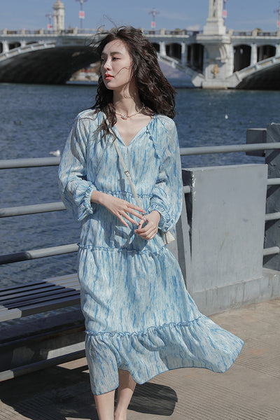 Retro High Quality Temperament V-neck Ink Pattern Floral Long Cake Dress