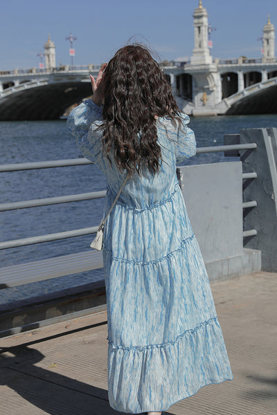 Retro High Quality Temperament V-neck Ink Pattern Floral Long Cake Dress