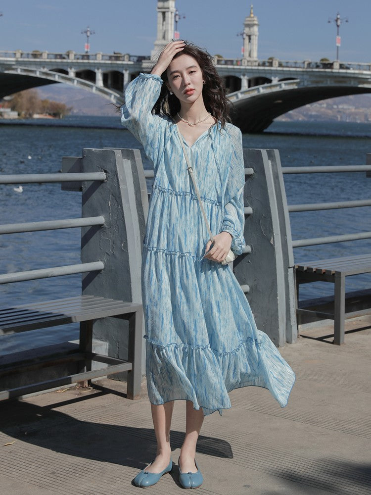 Retro High Quality Temperament V-neck Ink Pattern Floral Long Cake Dress