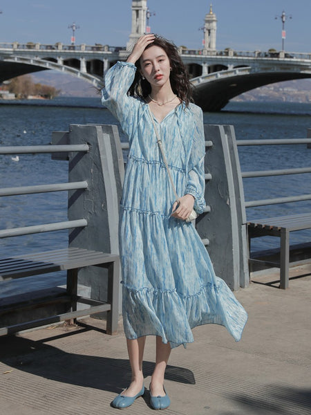 Retro High Quality Temperament V-neck Ink Pattern Floral Long Cake Dress