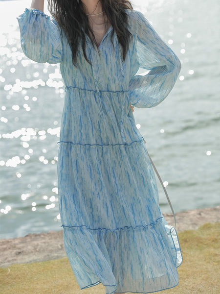 Retro High Quality Temperament V-neck Ink Pattern Floral Long Cake Dress