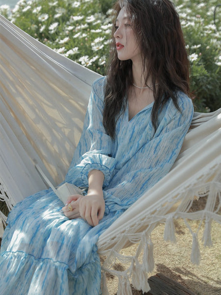 Retro High Quality Temperament V-neck Ink Pattern Floral Long Cake Dress