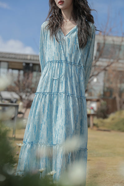 Retro High Quality Temperament V-neck Ink Pattern Floral Long Cake Dress