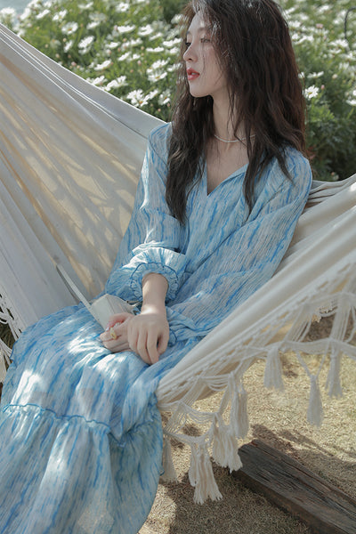 Retro High Quality Temperament V-neck Ink Pattern Floral Long Cake Dress